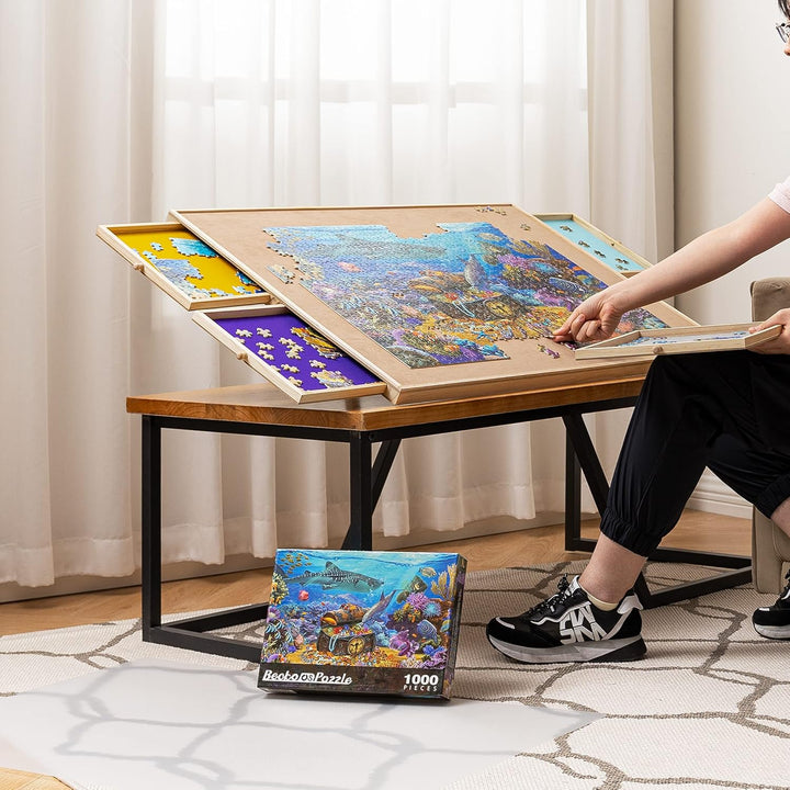 Becko US Puzzle Board with Adjustable Bracket & 4 Puzzle Drawers Square Puzzle Table with Non-Slip S