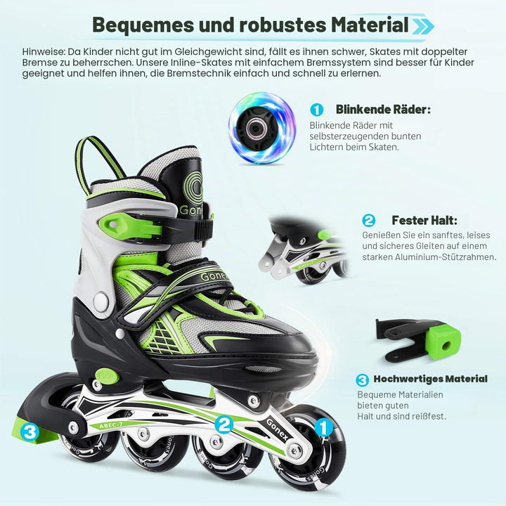 Gonex Inliner für Kinder, Inline Skates für Mädchen Jungen mit Leuchtende Räder Einstellbarer Grün M