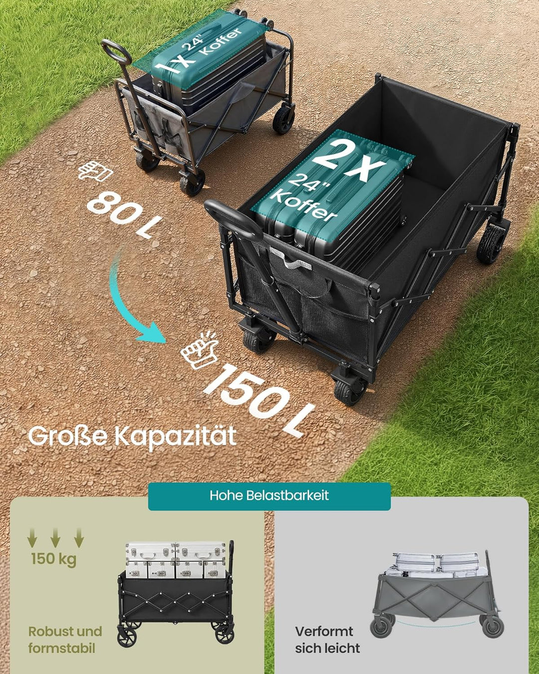 SONGMICS Kleiner Handwagen faltbar, Gartenwagen, kompakt, mit Griff, mit 4 verstärkten Rollen, Davon