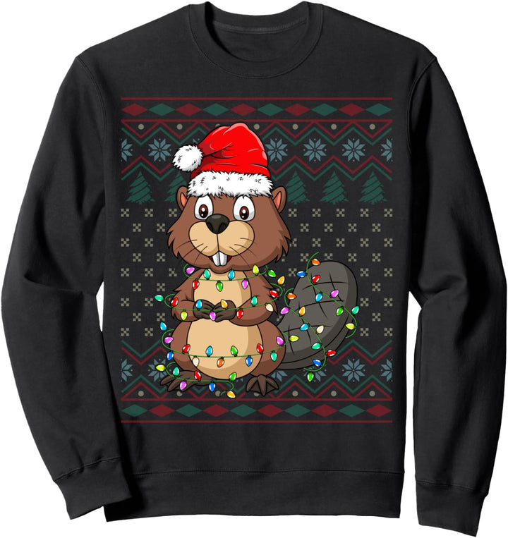 Beaver Xmas Lights Santa Hat Ugly Christmas Beaver Sweatshirt