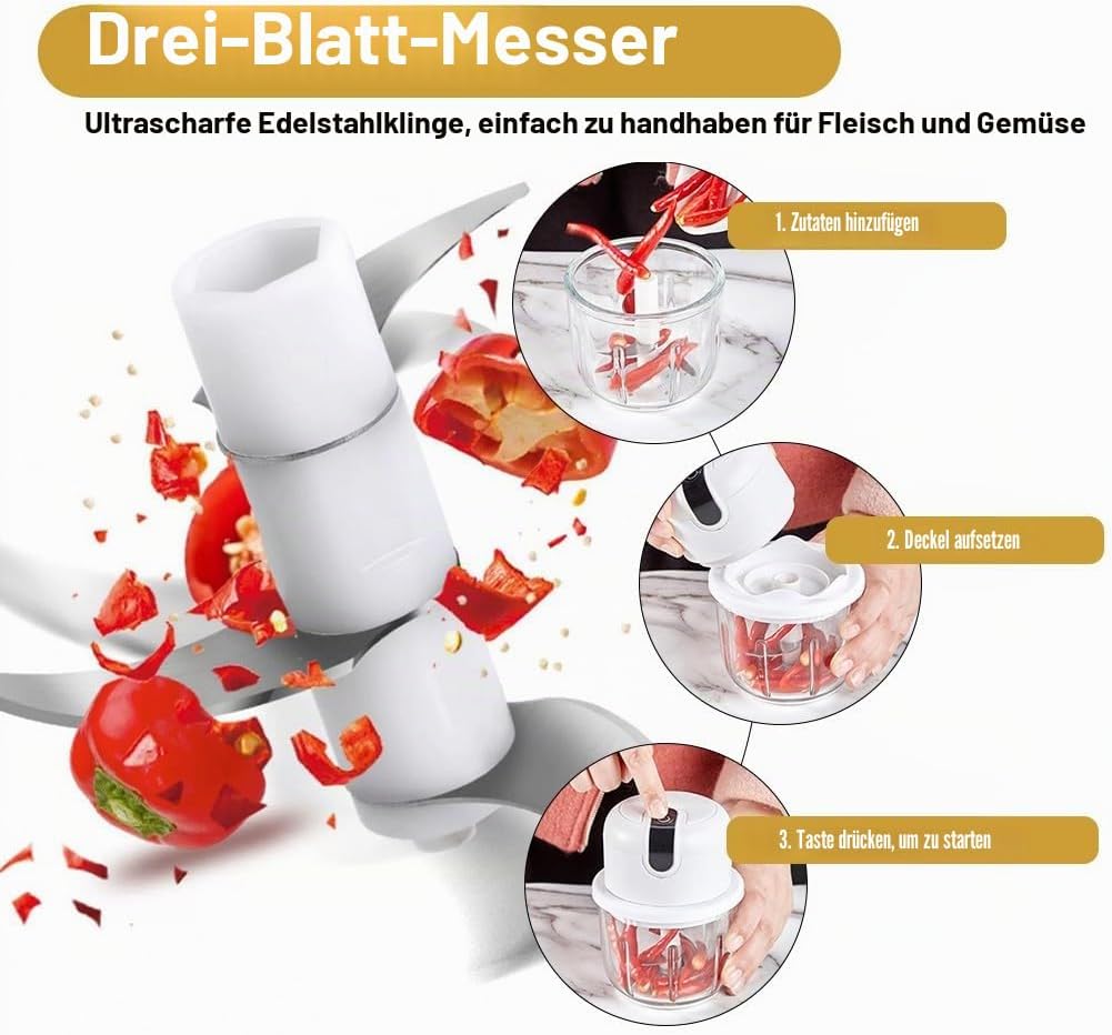 Mini Zwiebel Zerkleinerer Elektrisch, 100+200+350 ml Multizerkleinerer Küchenmaschine Kabelloser Kle