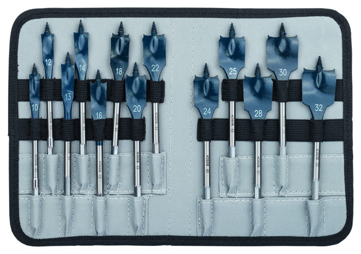 Bosch Professional 13 tlg. SelfCut Speed Flachfräsbohrer-Set (für Holz, Rolltasche, 1/4" Sechskantsc
