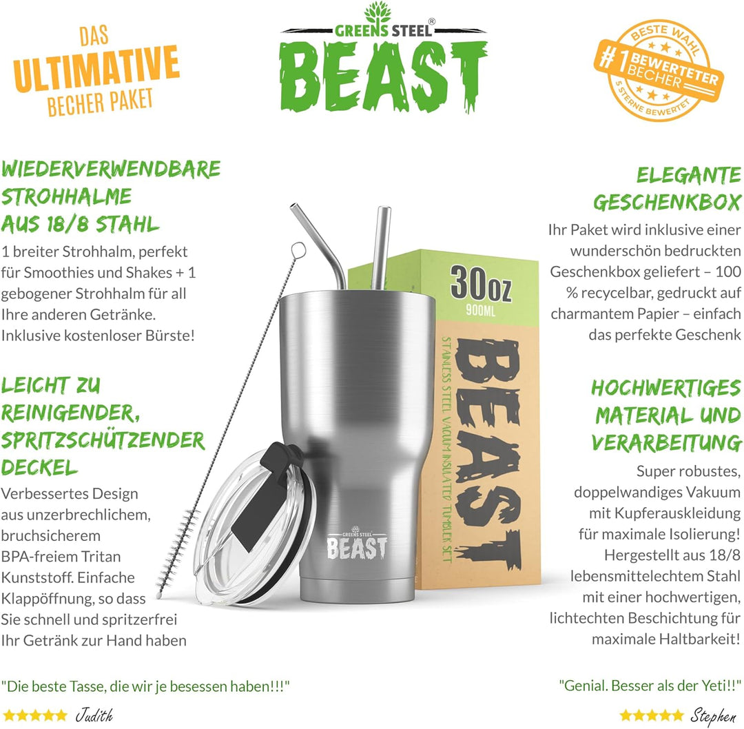 Beast Thermobecher 900 ml - Silber I Mehrweg Thermo Kaffeebecher To Go mit 2 Strohhalmen & Reinigung