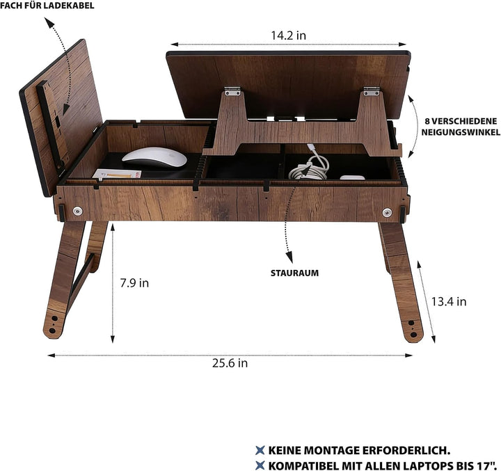 Vigo Wood Laptoptisch, Laptop-Ständer aus Holz für Bett, Verstellbarer Laptop-Schreibtisch und Kniet
