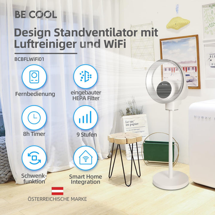 Be Cool Design-Standventilator mit WiFi – unsichtbarer Flügel, LED-Beleuchtung, Touch-Bedienfeld + L