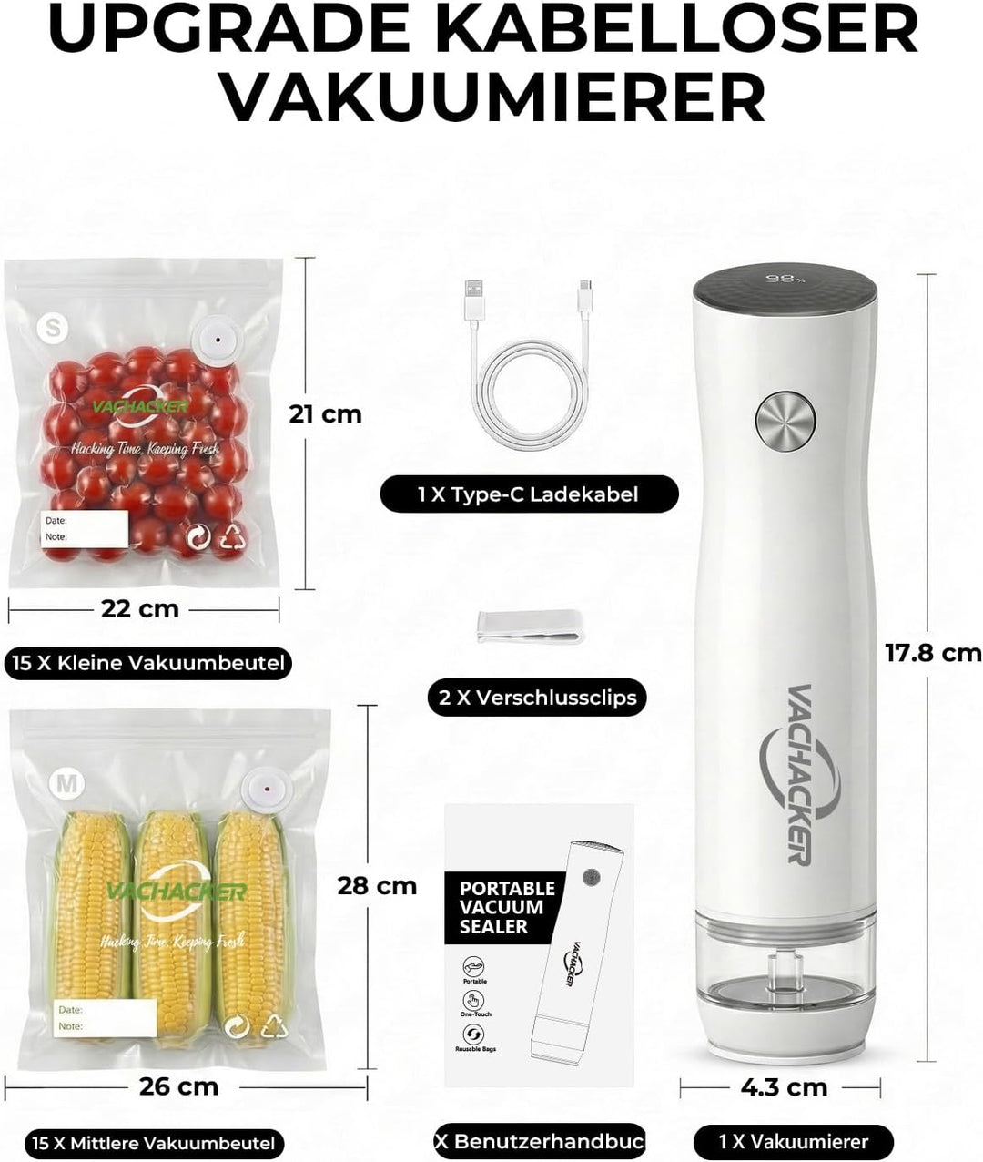 Vakuumiergerät für Lebensmittel, Vachacker Handliche Vakuumierer | Mini Vakuumiergerät mit 30 Wieder