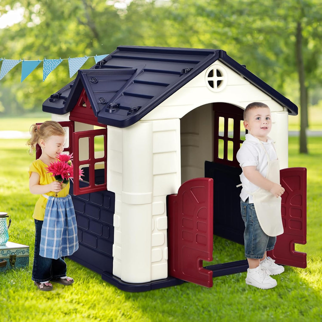COSTWAY Kinder Spielhaus für bis zu 6 mit Pickniktisch, Türen und Fenstern, Kinderhäuschen Outdoor i