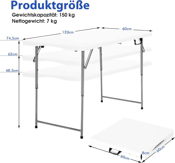 COSTWAY Campingtisch höhenverstellbar, tragbarer Klapptisch, klappbarer Gartentisch mit Tragegriff,
