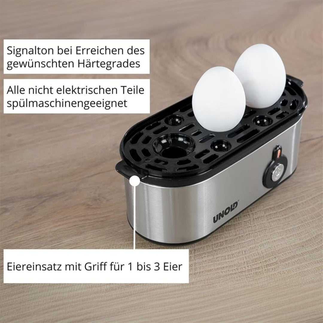 UNOLD 38610 Eierkocher Mini, Edelstahgehäuse, Eiereinsatz mit Griff für 1 bis 3 Eier, Signalton, Bet