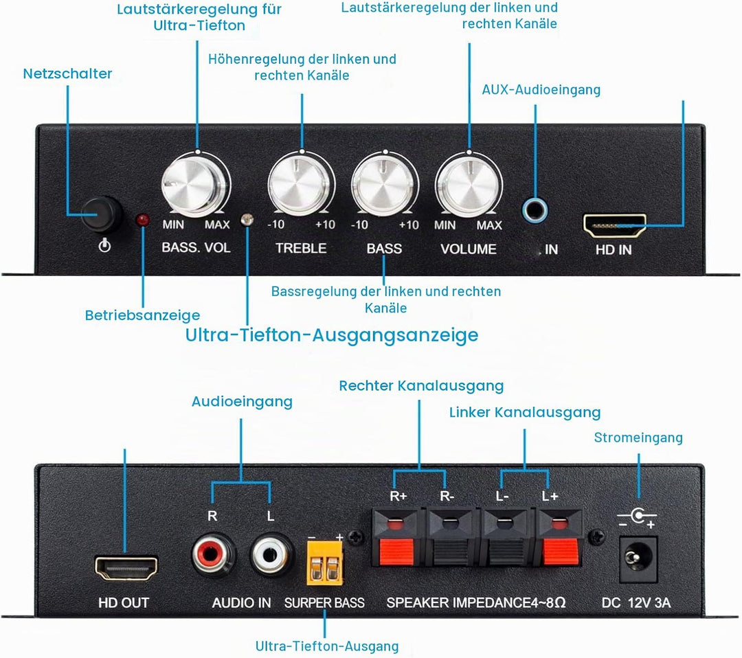 Annadue Stereo-Leistungsverstärker, 2.1-Kanal 240 W Bluetooth 5.0 HiFi-Audio, HDMI-AUX-Eingang, Bass