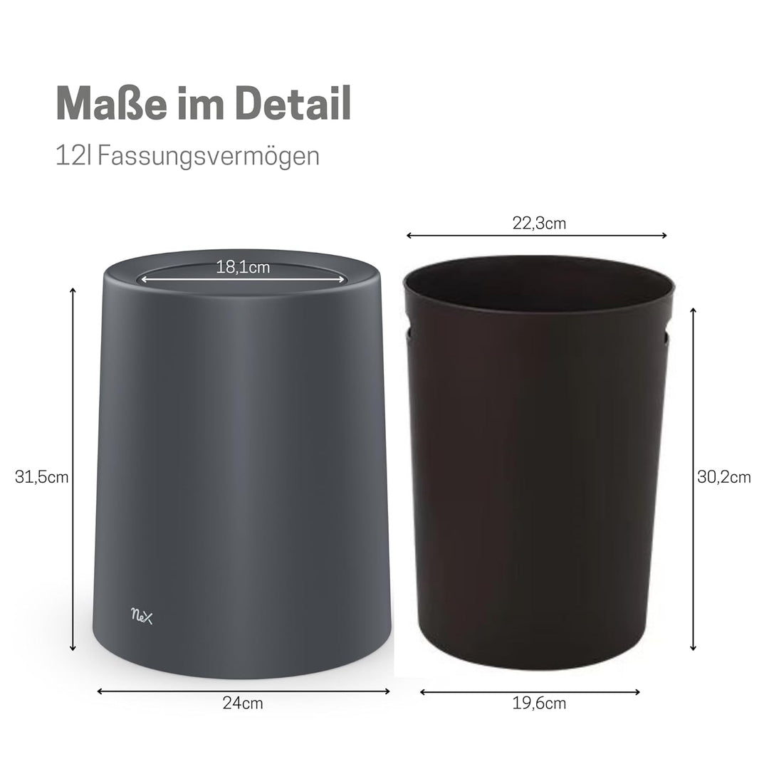 Mülleimer mit Schwingdeckel | 12L | Grau Matt | Ideal für Bad, Schlafzimmer und Büro | Modernes Desi