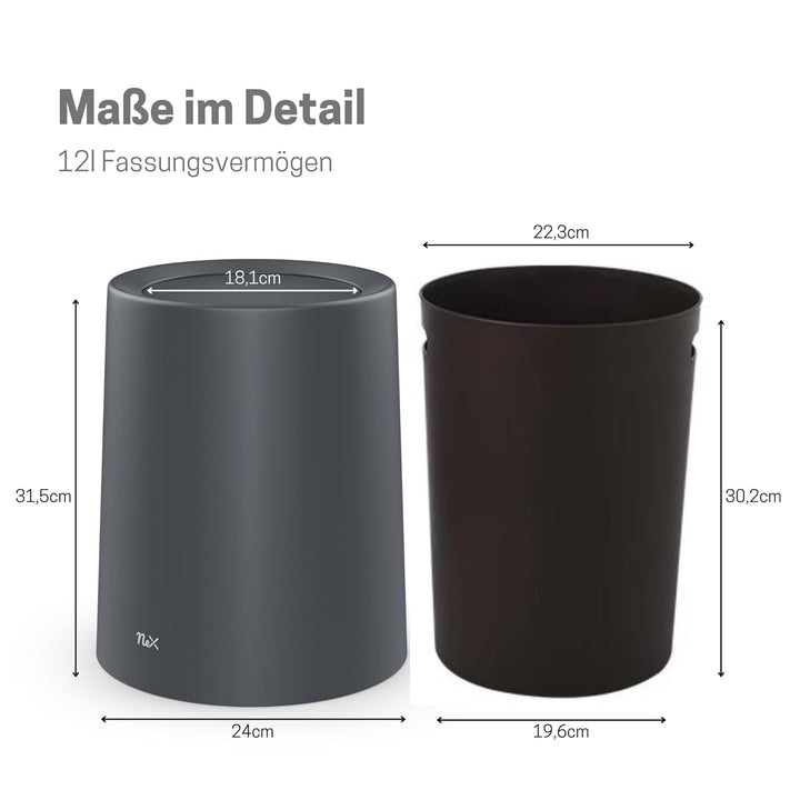 Mülleimer mit Schwingdeckel | 12L | Grau Matt | Ideal für Bad, Schlafzimmer und Büro | Modernes Desi