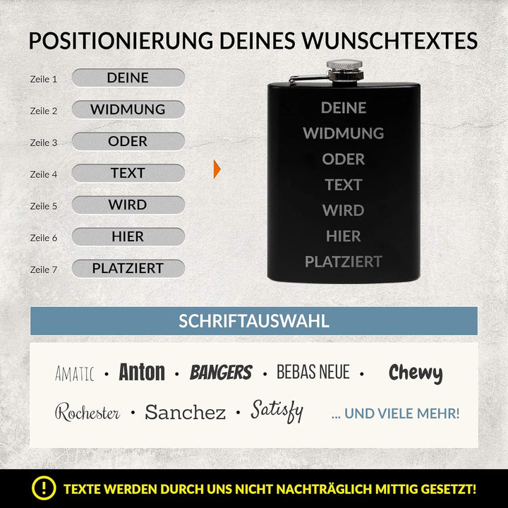Flachmann mit Gravur aus Edelstahl selbst gestalten - mit Wunschtext gravieren - Geschenkidee für Fr