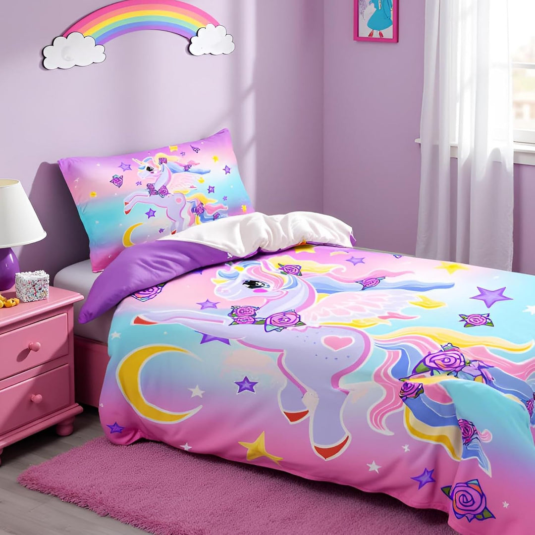 AOXHFNV Einhorn Mädchen Rosa Bettwäsche Set 135x200cm Süsser Einhorn-Stern-Mond-Muster Bettbezug Ein