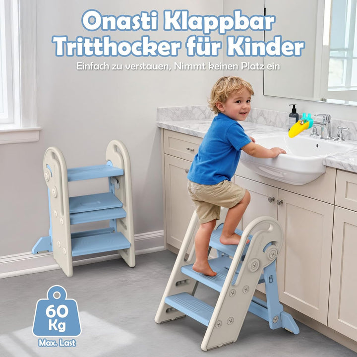 Onasti Tritthocker Kinder, Höhenverstellbar 3 Stufen Hocker Kinder, Trittschemel für Baby mit Handha