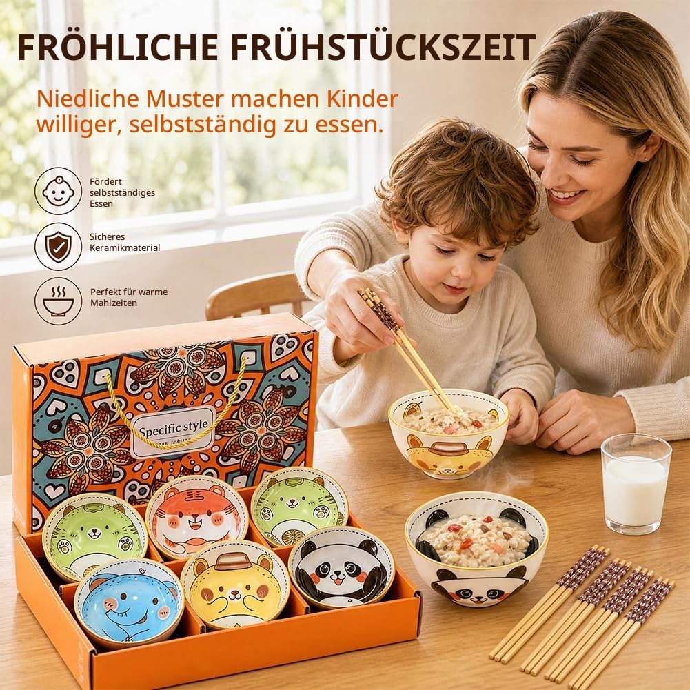 DASIAUTOEM 6er Müslischalen aus Porzellan, Japanisches Bunt Cartoon Design, Dessertschalen für Kinde