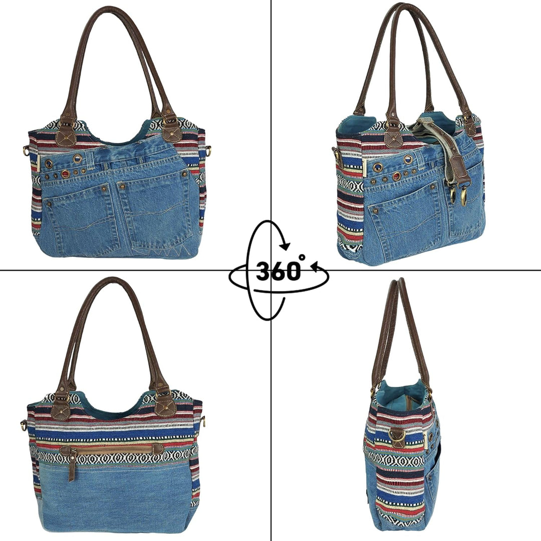 Sunsa Damen Nachhaltige Handtasche aus recycelte Jeans Canvas & Leder. Vintage Still grosse Schulter