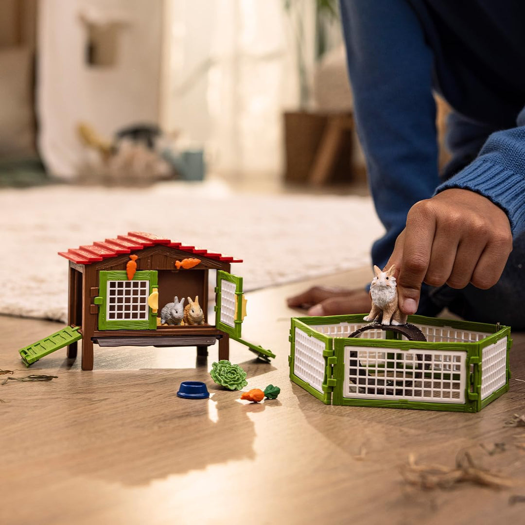 schleich Farm World | Kaninchenstall 42728 | Set aus 3 Kaninchen, mit Stall, Futter und vielem Zubeh