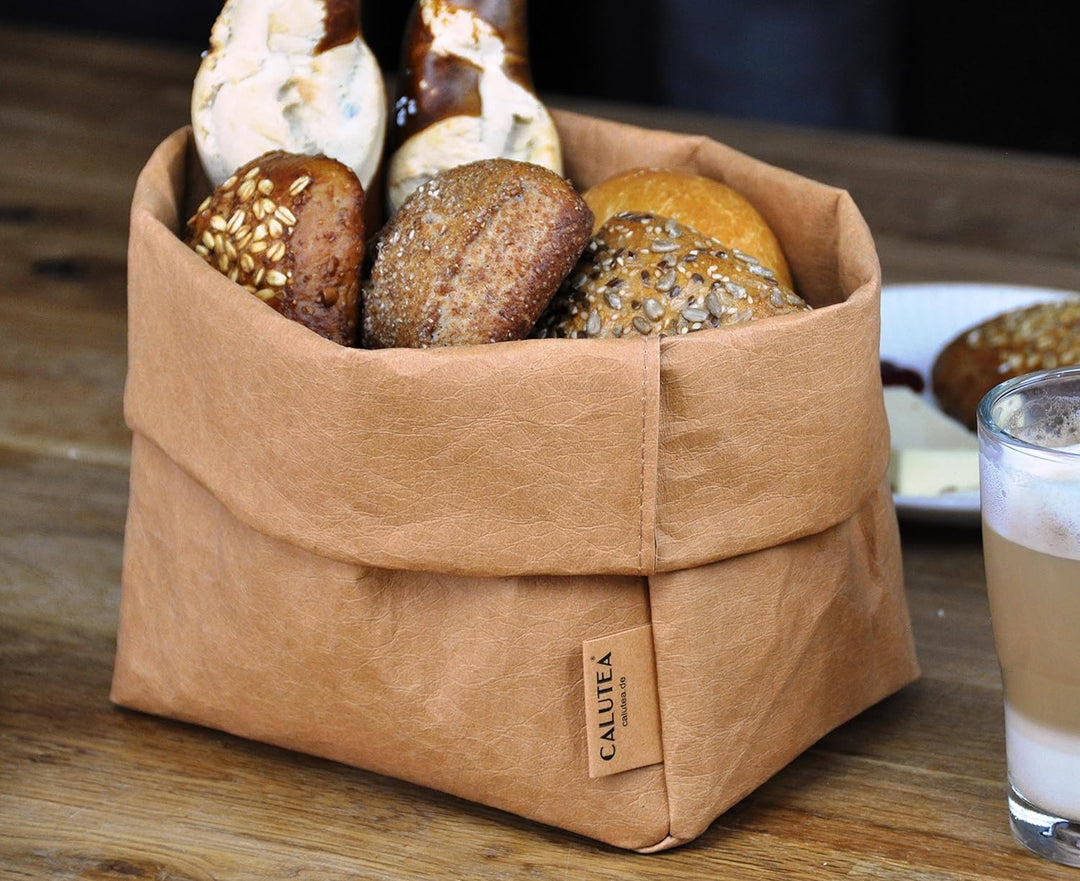 CALUTEA grosser XXL Brotkorb/Sand/modern/veganes Leder als Stoff Alternative/Brottasche/Brötchenkorb