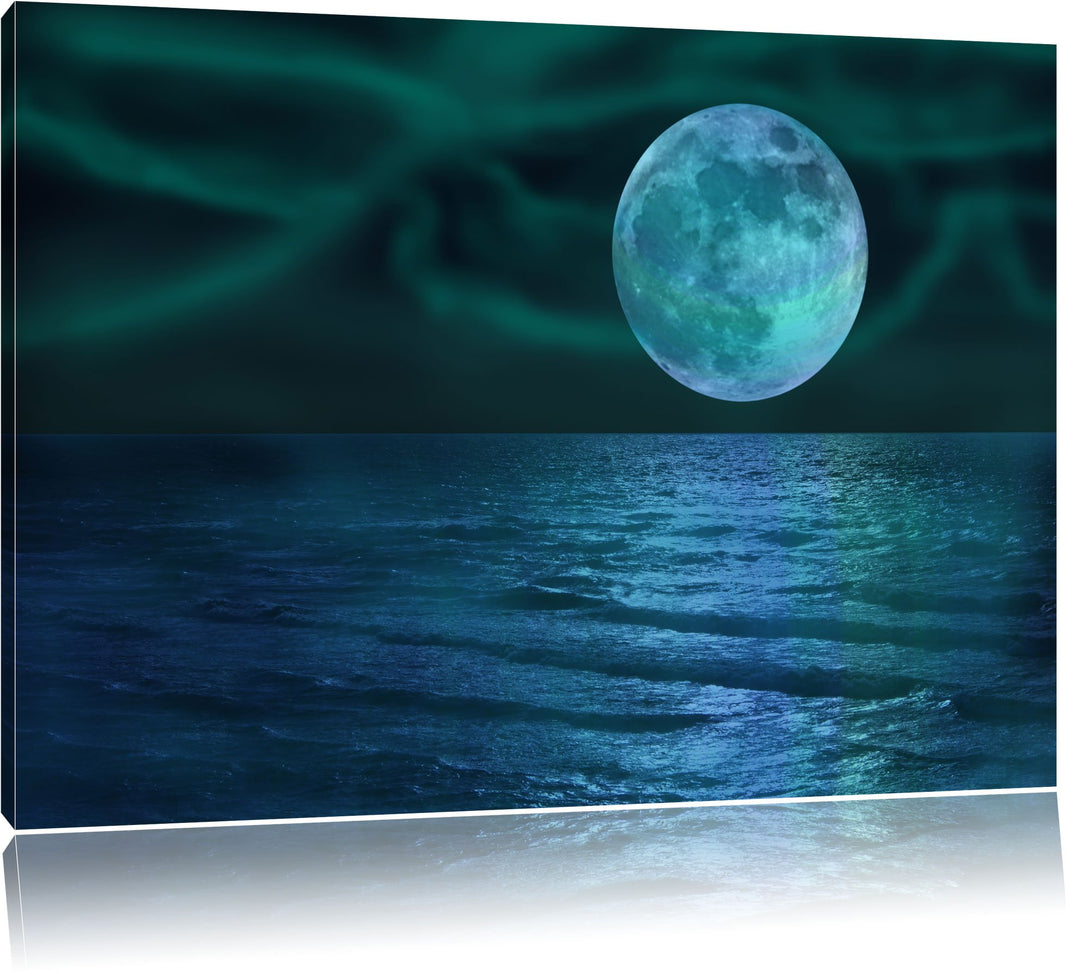 ruhiges Meer mit Vollmond schwarz/weiss Format: 100x70 auf Leinwand, XXL riesige Bilder fertig gerah