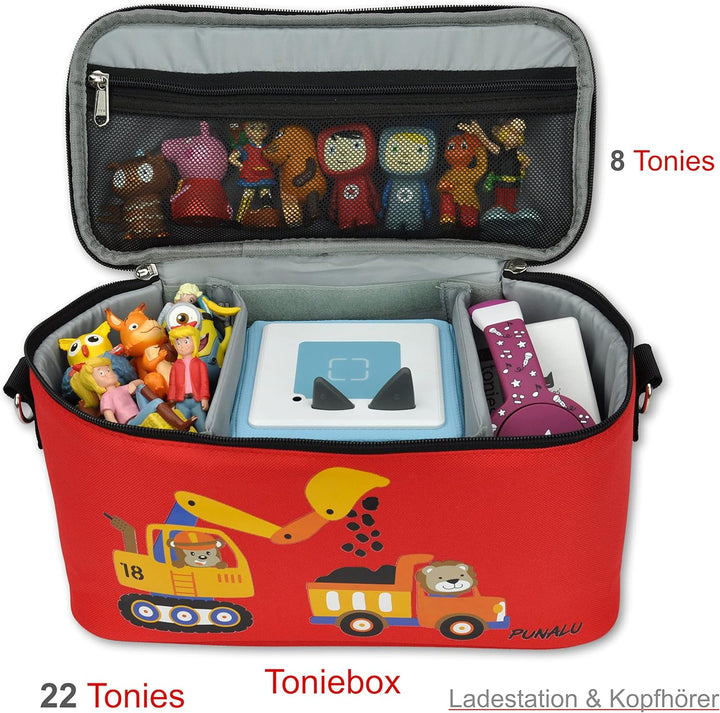 Punalu Tasche für Toniebox, Platz für 30 Tonies, Ladegerät und Kopfhörer Toniebox Tasche (Bagger rot