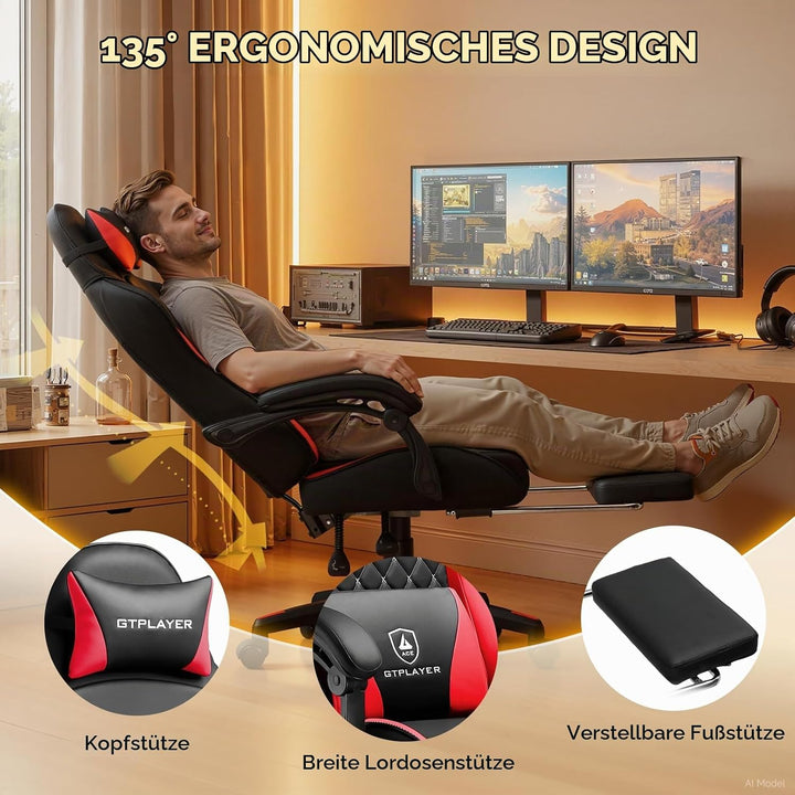 GTPLAYER Gaming Stuhl, Gaming Chair, Ergonomischer Höhenverstellbarer Bürostuhl, Zweckmässig für Win