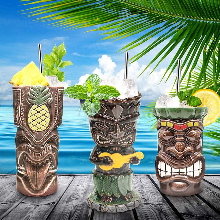 Tiki-Tassen-Set, Hawaii-Party-Becher aus Keramik, für Cocktails, hochwertiges Tassen-Set mit 4 Tasse