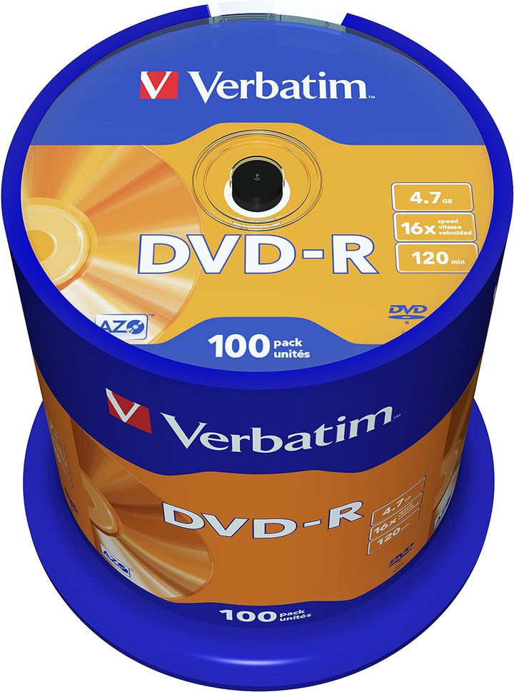Verbatim DVD-R 16x Matt Silver 4.7GB, 100er Pack Spindel, DVD Rohlinge beschreibbar, 16-fache Brenng