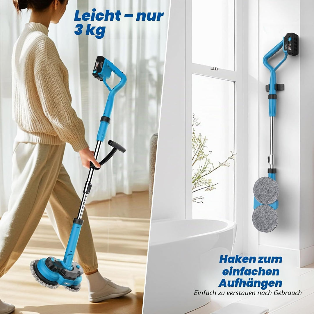 Elektrischer Mopp mit 2x2000 mAh Akkus, Bodenreiniger Spin Mop, Bodenwischer Elektrisch Kabellos, Wi