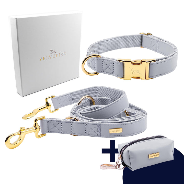 VELVETIER® Manhattan | Halsband Hund im Set mit Leine & Beutelspender | Veganes Leder | Hunde Halsbä