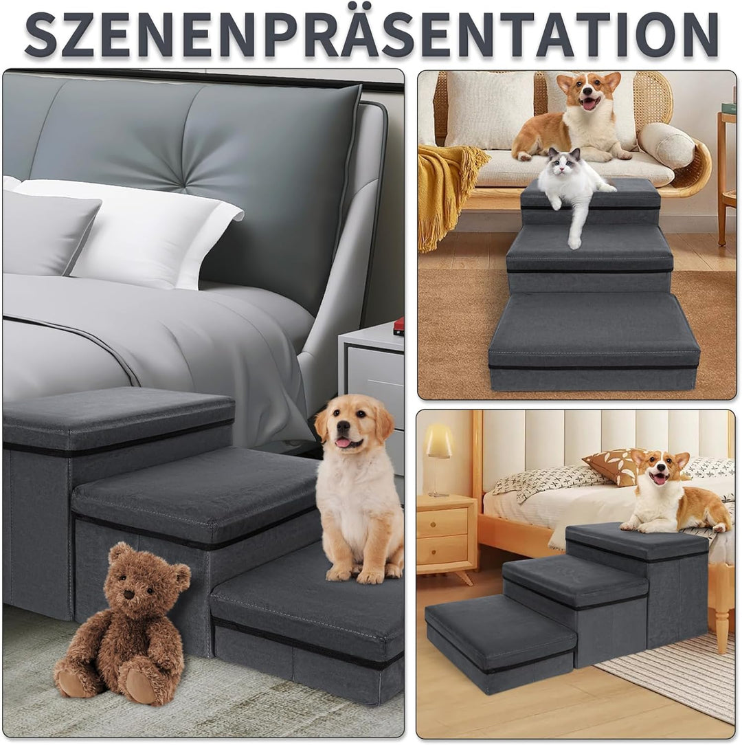 Haustiertreppe 3 Stufen Hundetreppe Zusammenklappbar mit Stauraum,Hundetreppe Bett für Betten,Sofas,