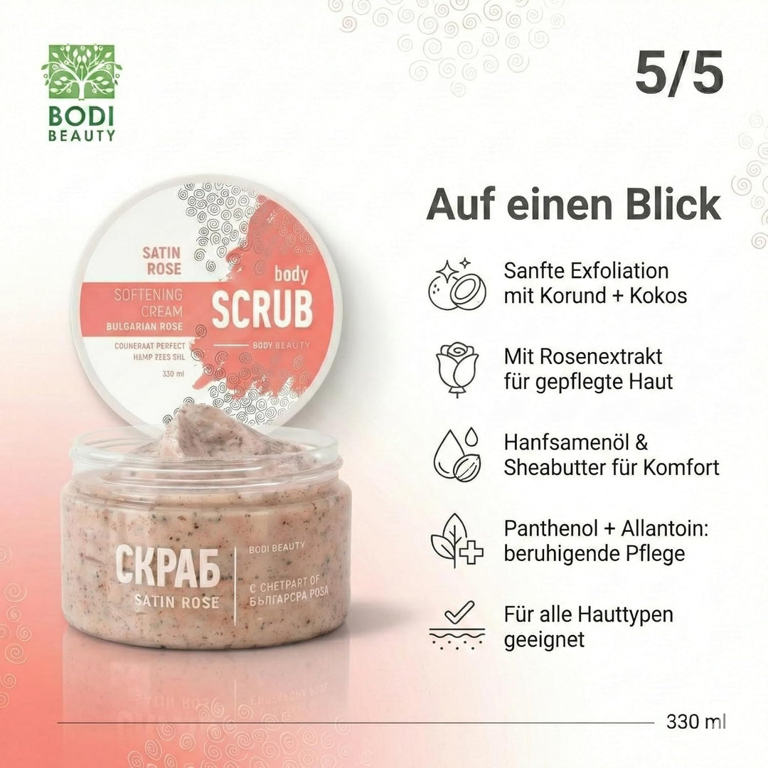 Satin Rose Body Scrub & Körperpeeling 330 ml – Korund, Kokospulver, Rosenextrakt, Sheabutter, D-Pant