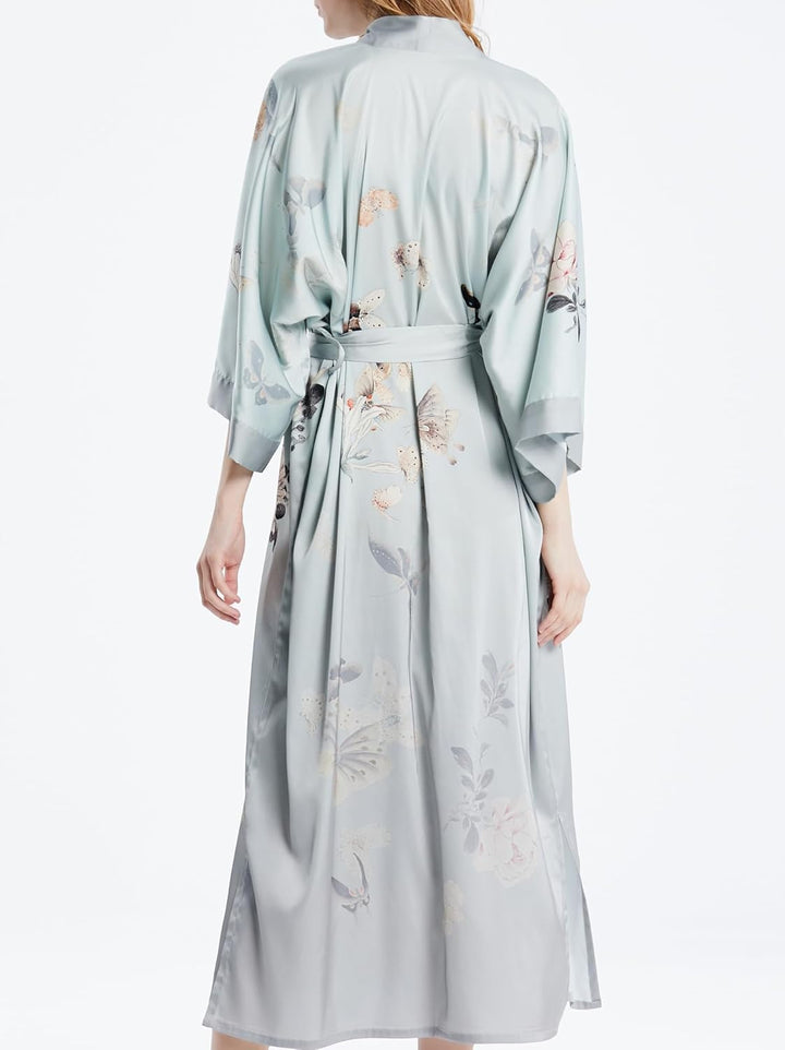 Prettystern Damen Boden-lang 100% Seide Satin Seidenmantel Kimono Morgenmantel Nachtkleid Yukata Rob