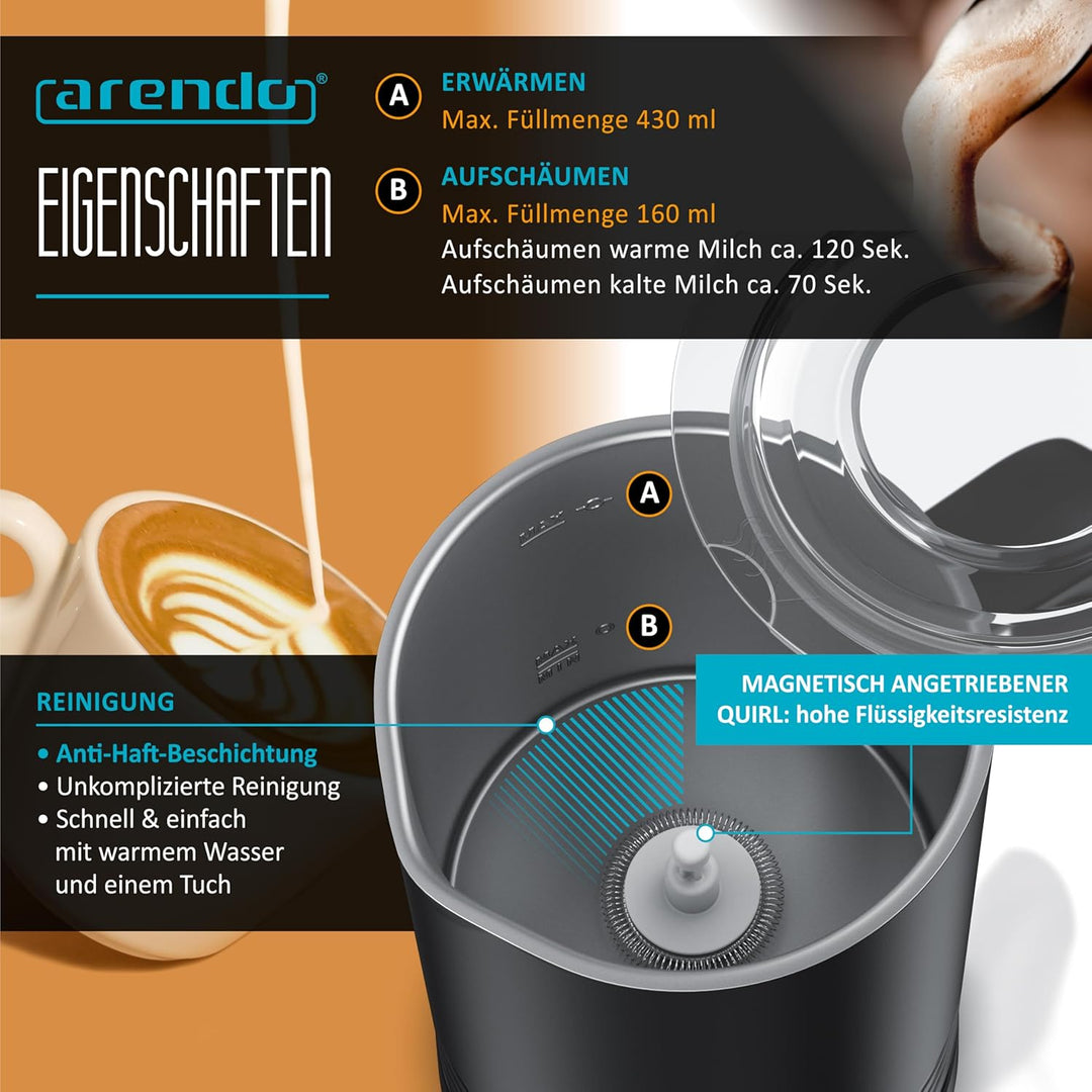 Arendo - 4in1 Milchaufschäumer elektrisch – Doppelwandgehäuse – 4 Programme – heiss und kalt aufschä