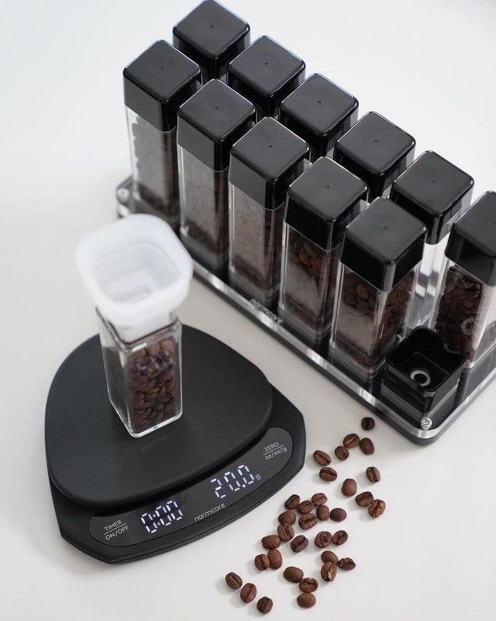 Normcore 12 Tuben Kaffeebohnen Behälter mit Ständer und Trichter - Einzeldosis-Kaffeebohnengewölbe -