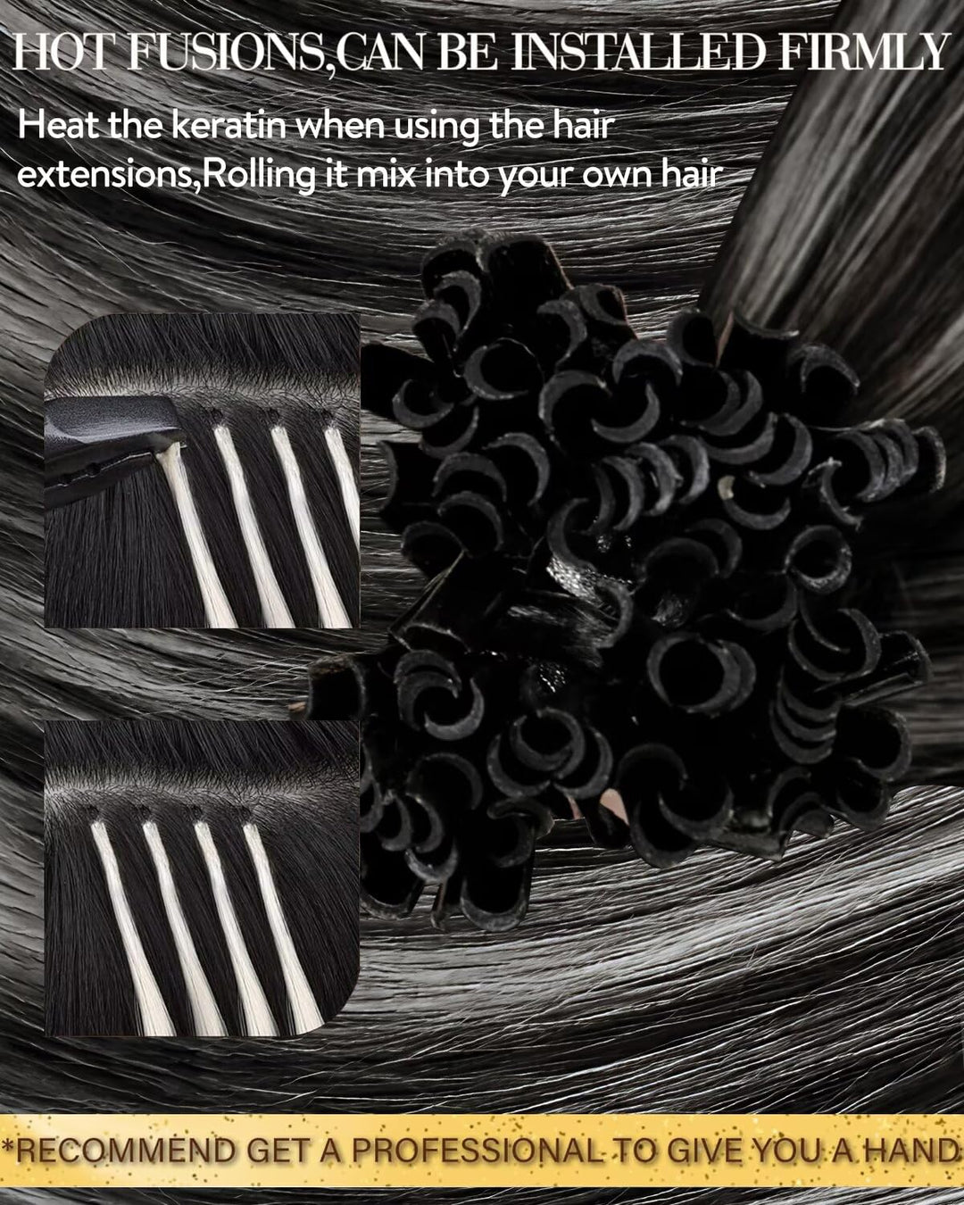Hetto Extensions Echthaar Bondings Balayage Schwarz &amp; Silber 40cm 50 Stück 1g/Stück – Natürliche Str