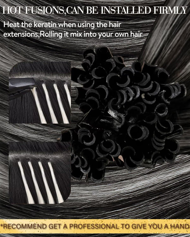 Hetto Extensions Echthaar Bondings Balayage Schwarz &amp; Silber 40cm 50 Stück 1g/Stück – Natürliche Str