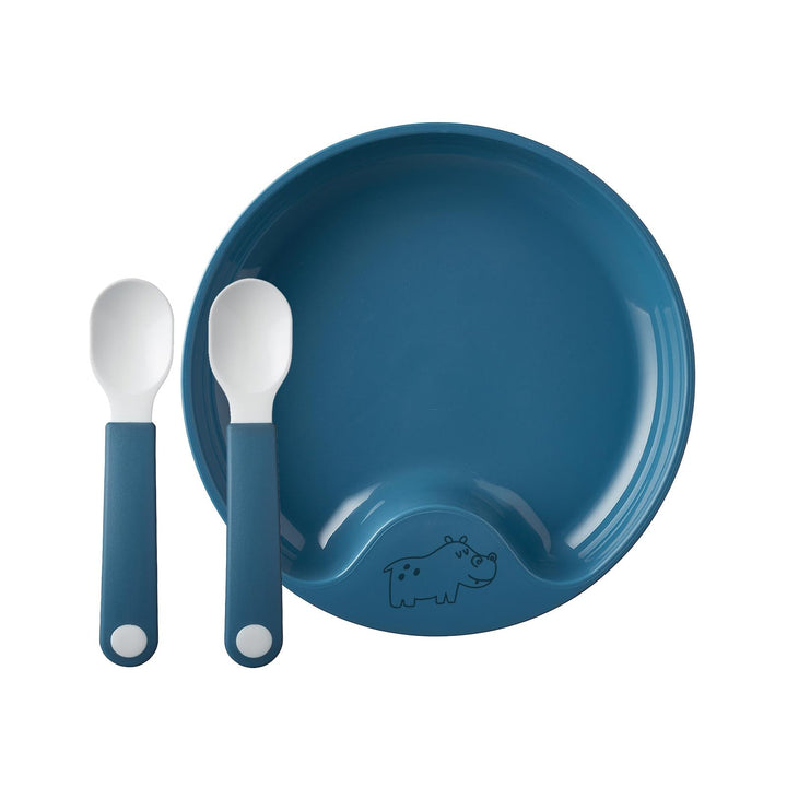 Mepal Mio - Lernteller mit Lernlöffel - Deep blue - rutschfester Kinderteller, handliche Kinderlöffe