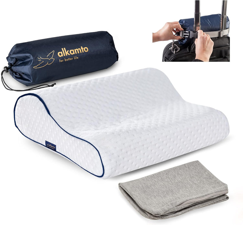 alkamto Reisekissen - Camping Kissen - Memory-Schaum mit extra Baumwolle Überzug – inklusive Tasche
