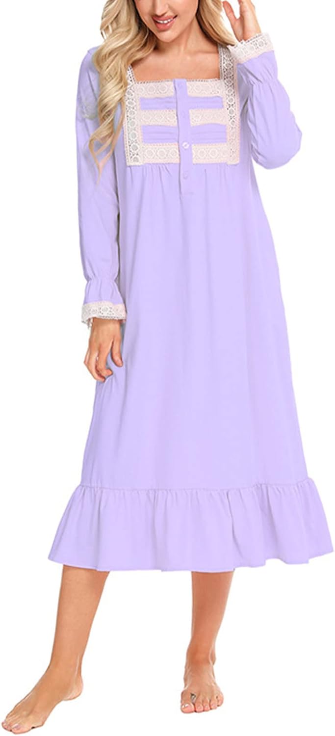aromm Damen Weich Nachthemd Knopfleiste Viktorianisch Lange Ärmel Stillen Pyjama XXL Violett, XXL Vi