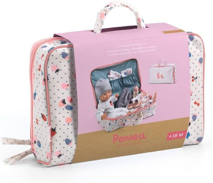 Djeco Puppe Vanille im Koffer | POMEA Babypuppe 32 cm mit Zubehör, weicher Körper, Schlafaugen, Klei