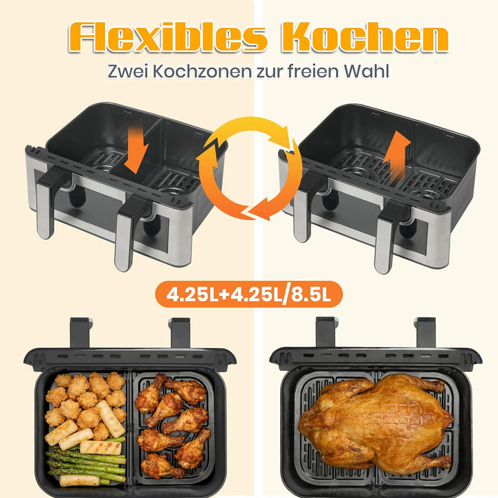 Heissluftfritteuse 2000W Doppel Fritteuse mit 2 Kammern und 8.5 Liter Volumen, 10 Programme, Touch-B