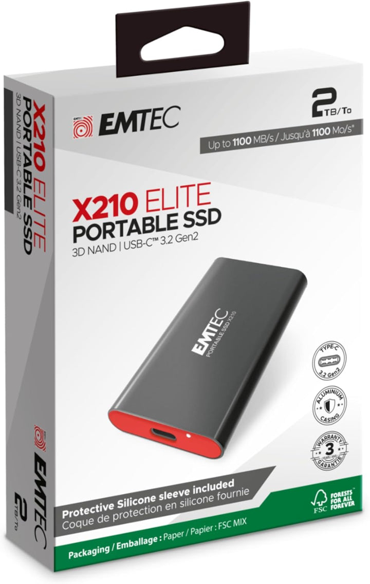 Emtec ECSSD2TX210 Externe SSD X210 Elite 2TB USB-C 3.2 – 3D NAND Flash Technologie – USB-C 3.2 Gen2
