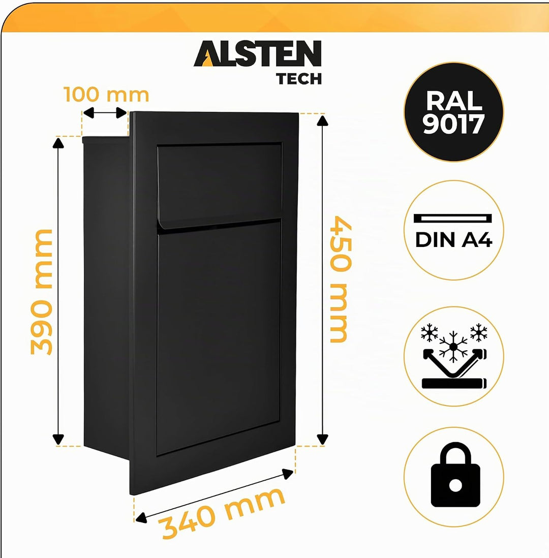 Unterputz Briefkasten RAL9017 Schwarz Einbaubriefkasten flächenbündig verzinkter Stahl pulverbeschic
