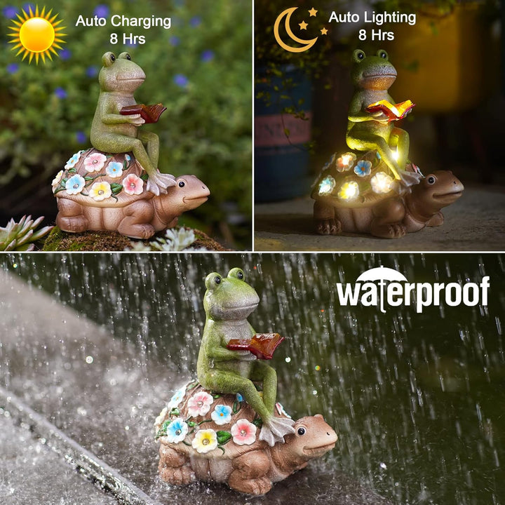 Yeomoo Solar Frosch Reiten Schildkröte Figuren Gartendeko für Draussen – mit Blumen LED Solarlampen