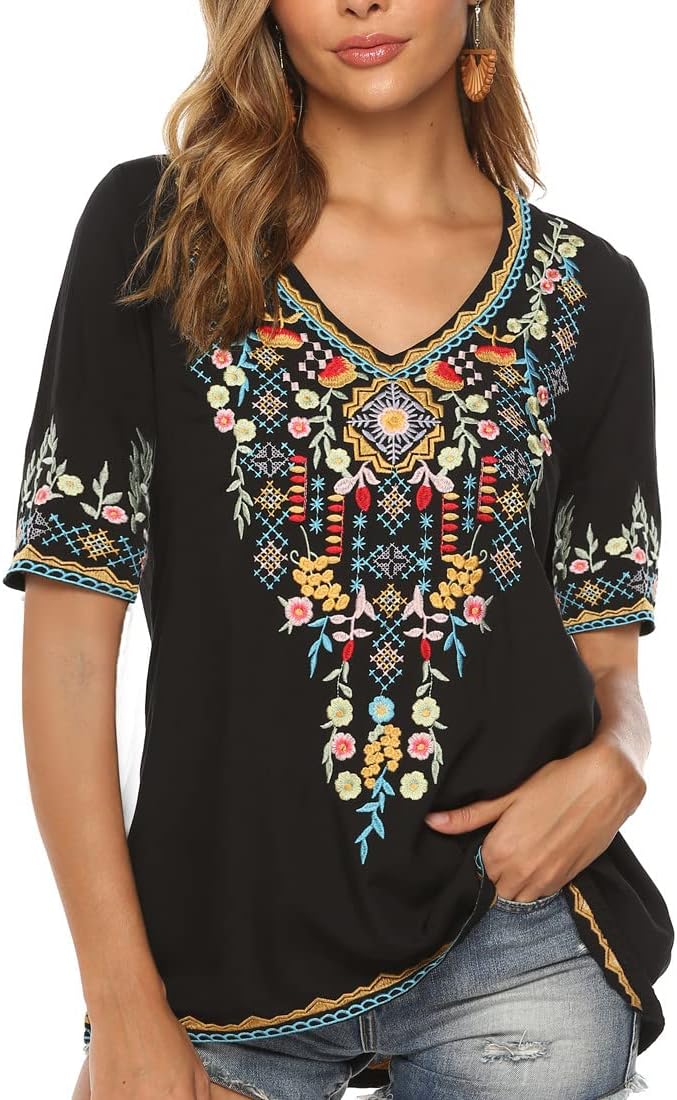 Seasonal Tunika Damen Sommer Boho Folklore Bluse mit Stickerei Oberteil Hippie Trachten Kurzarm Klei