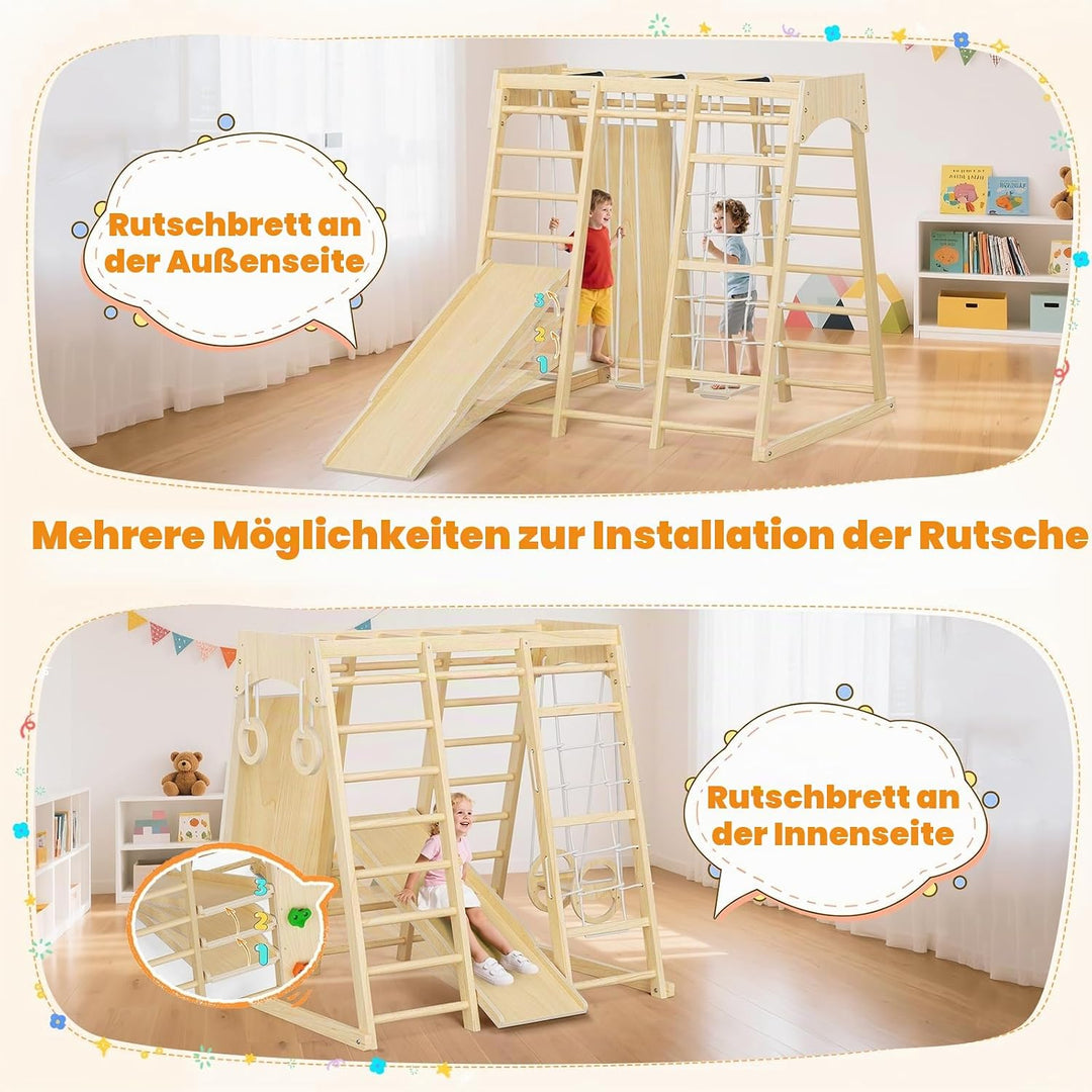 9-in-1-Klettergerüst für den Innenbereich für Kinder, Indoor-Spielplatz aus Holz mit Rutsche und Sch
