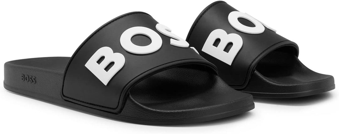 BOSS Herren Kirk Slid In Italien gefertigte Slides mit erhabenem Kontrast-Logo Grösse 41 EU Black1,