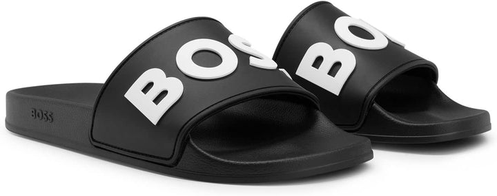 BOSS Herren Kirk Slid In Italien gefertigte Slides mit erhabenem Kontrast-Logo Grösse 41 EU Black1,