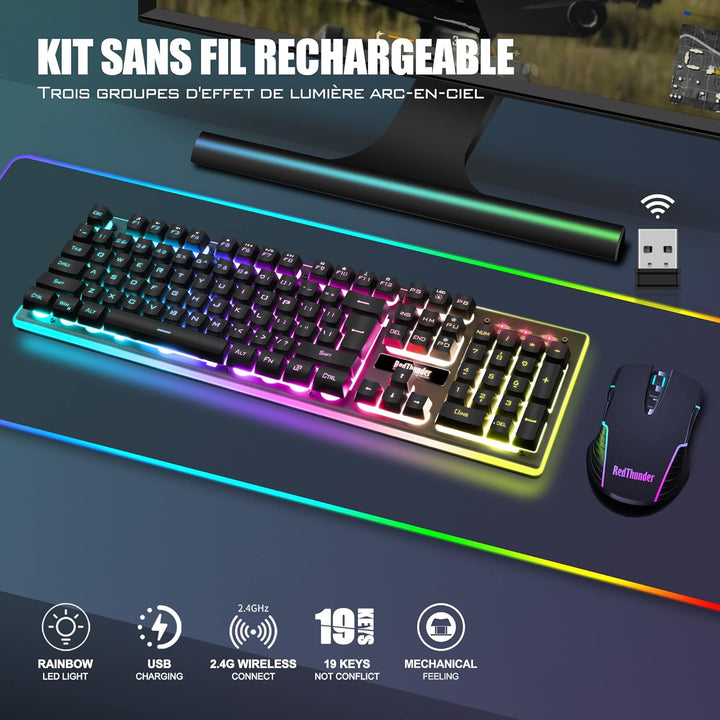 RedThunder K10 Tastatur und Maus kabellos, AZERTY FRANZAIS, Schwarz